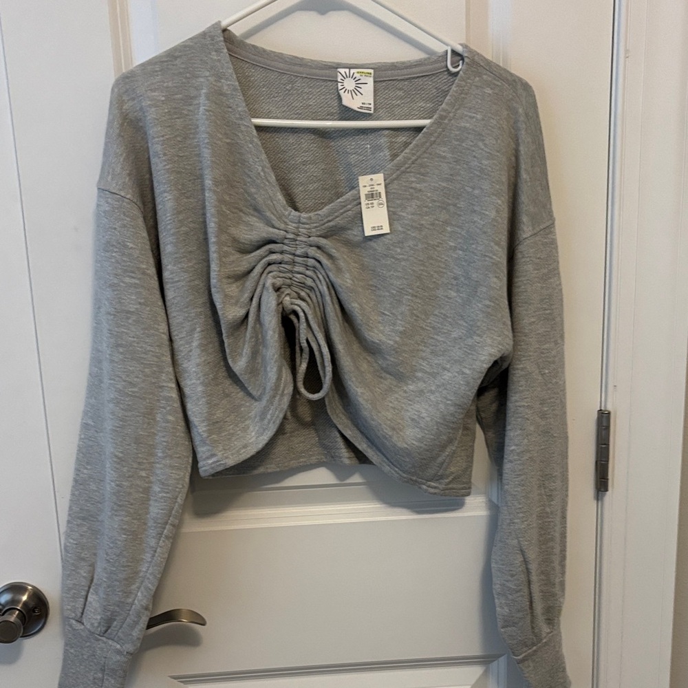 NWT Aerie Towel Terry Cinch Cropped Shirt Grey XS